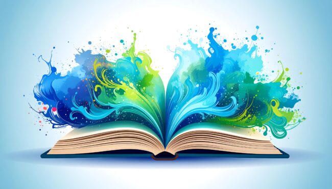 Open book with vibrant splashes of color